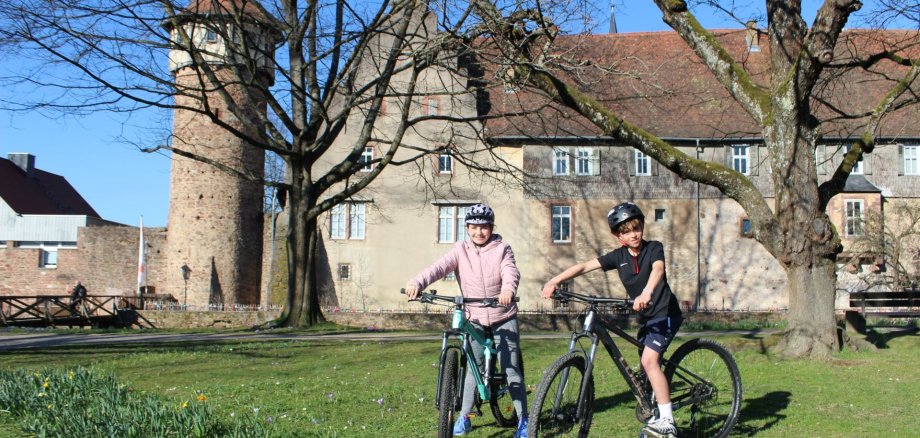 Kinder mit Fahrrad auf einer Wiese