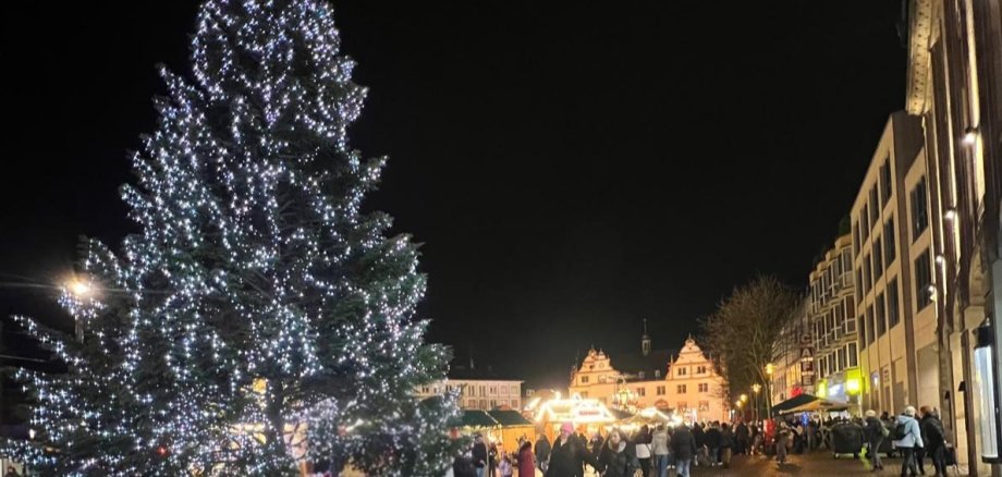 Leuchtender Weihnachtsbaum auf dem Weihnachtsmarkt in Darmstadt