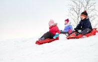 kids sliding on sleds down snow hill in winter